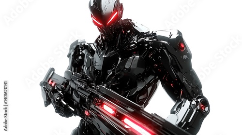 Futuristic humanoid figure in dark armor with glowing red accents standing in a powerful pose, holding a weapon against a bright white background