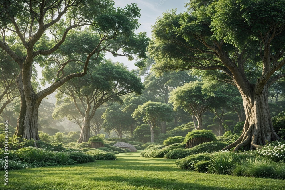 Fototapeta premium Breathtaking Natural Landscape Featuring Lush Trees and Vibrant Greenery for a Calm and Relaxing Atmosphere