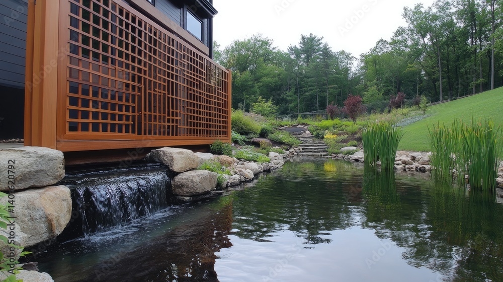 Naklejka premium Exterior view with angled lattice wall blocking unsightly utility corner