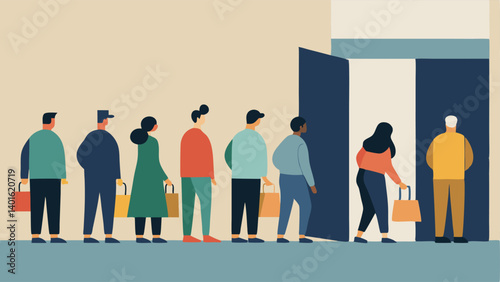 Rushed Entry Shoppers lined up near the entrance eagerly leaning forward in anticipation as the store doors are about to open capturing the excitement of the moment.