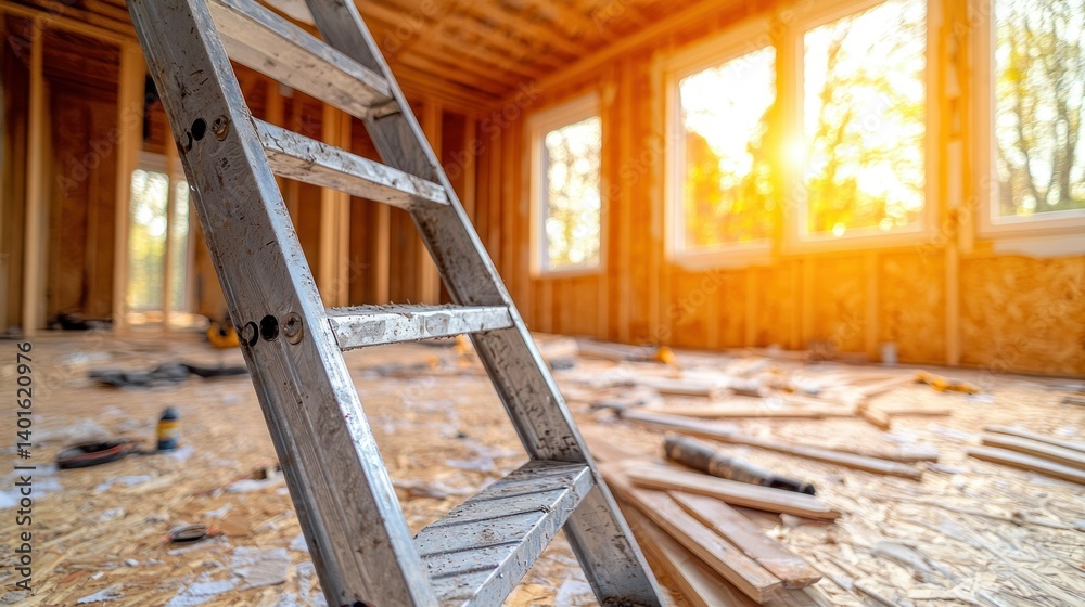 Ladder in wood-framed room under construction with sunlight streaming through windows Ladder in wood-framed room under construction with sunlight streaming through windows