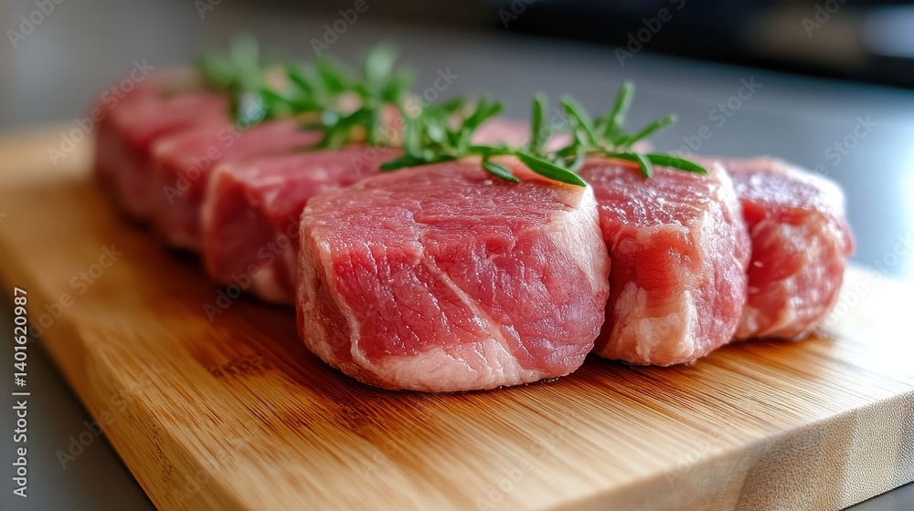 Beautifully presented fresh cuts of beef on a wooden board, garnished with herbs, showcasing the quality and vibrant colors of premium meat cuts. Beautifully presented fresh cuts of beef on a wooden board, garnished with herbs, showcasing the quality and vibrant colors of premium meat cuts.