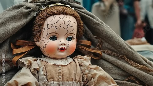 Antique Cracked Porcelain Doll Close-Up photo