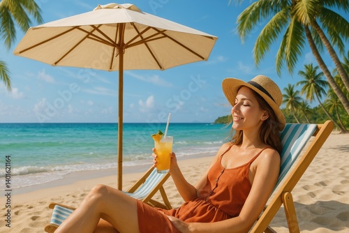 Young woman enjoying drink on beach under umbrella  