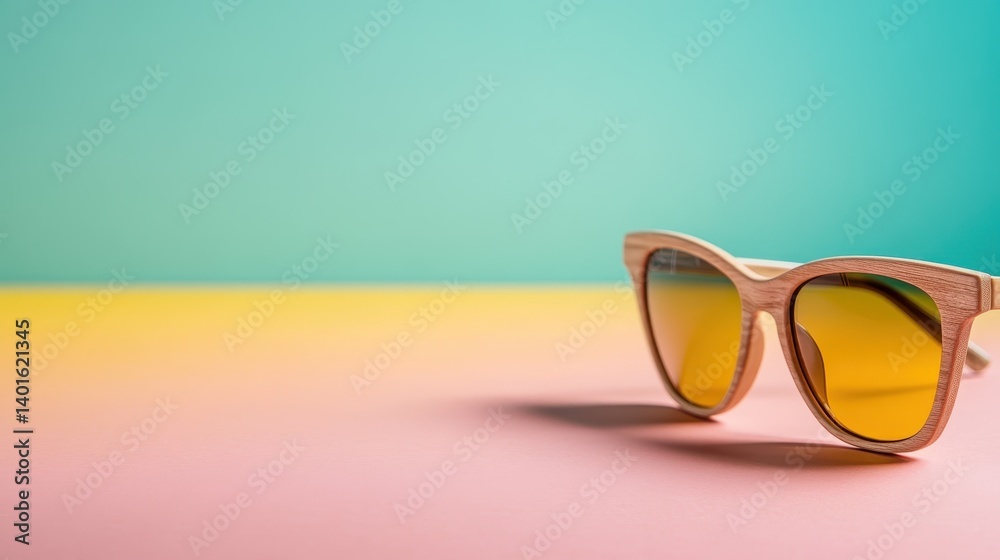 A pair of stylish wooden-framed sunglasses with vibrant yellow lenses, creatively positioned on a visually appealing pastel background of pink and turquoise gradients.