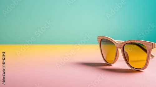 Obraz na płótnie A pair of stylish wooden-framed sunglasses with vibrant yellow lenses, creatively positioned on a visually appealing pastel background of pink and turquoise gradients. w salonie
