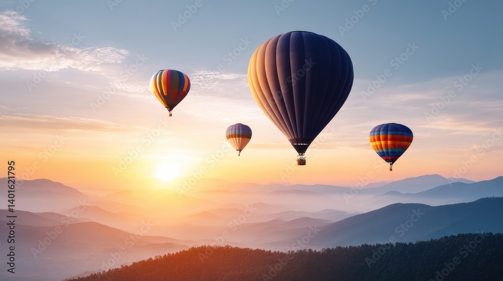 Fototapeta premium Colorful hot air balloons soar above misty mountains at sunset, creating a peaceful and stunning landscape.