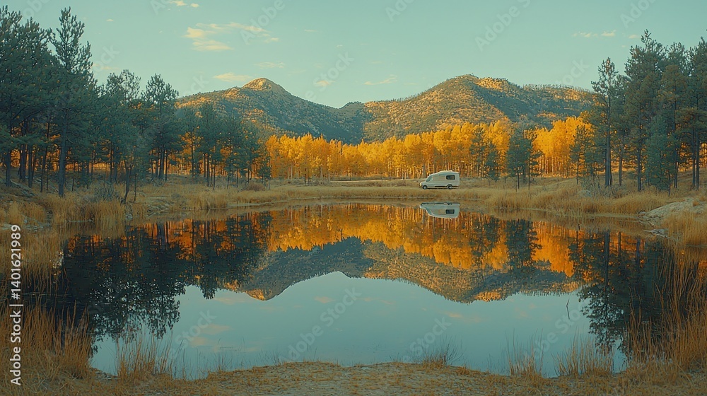 Fototapeta premium Serene Autumn Reflection: Camper Van by a Mountain Lake