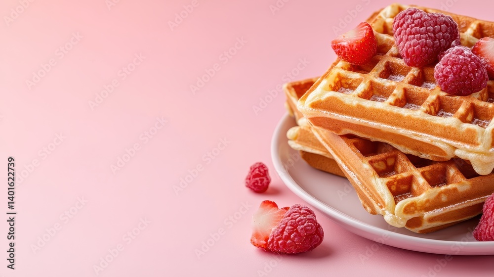 Golden waffles piled high and adorned with ripe raspberries on a soft pink background, evoking a sense of sweetness and delight in every bite.