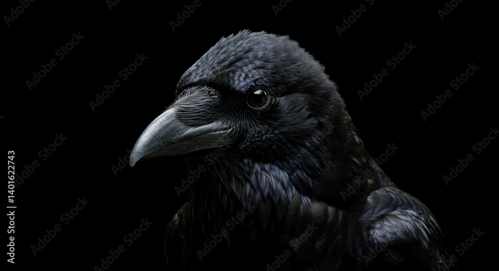 A close-up portrait of a raven, highlighting the detailed feathers and intense, piercing eyes. A close-up portrait of a raven, highlighting the detailed feathers and intense, piercing eyes.