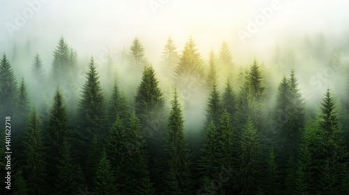 An ethereal scene of tall evergreen trees enveloped in mist, creating a mysterious yet calming atmosphere, perfect for connecting with nature and inner peace.