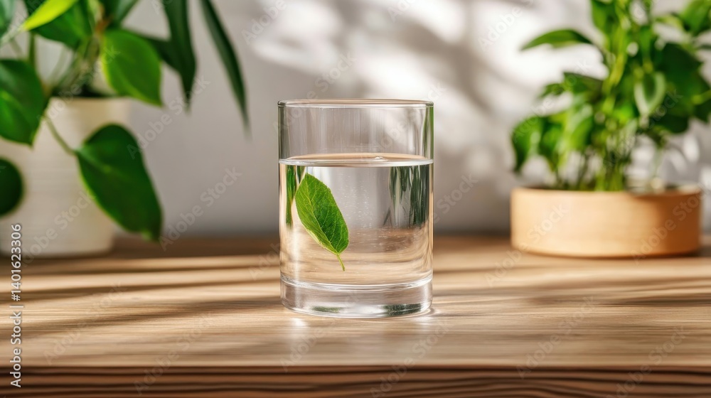 A refreshing glass of water adorned with a fresh green leaf, elegantly placed on a wooden surface, bringing a touch of nature to everyday hydration. A refreshing glass of water adorned with a fresh green leaf, elegantly placed on a wooden surface, bringing a touch of nature to everyday hydration.