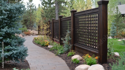 Privacy fence made of dark wood screen lattice next to garden path