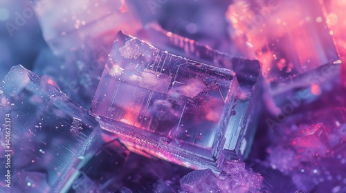 Close up of nitrogen triiodide crystals the verge of detonation glowing in purple and red