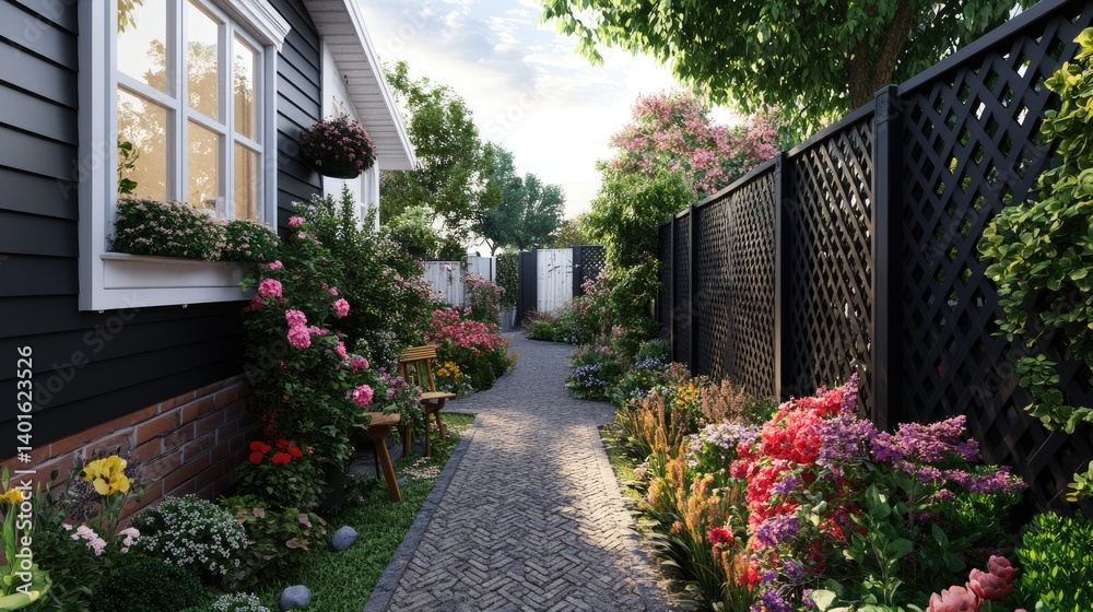 Obraz premium Side alley with tall privacy wall and dark vertical lattice fencing