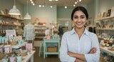 Confident shopkeeper smiles in her beautifully arranged general store.
