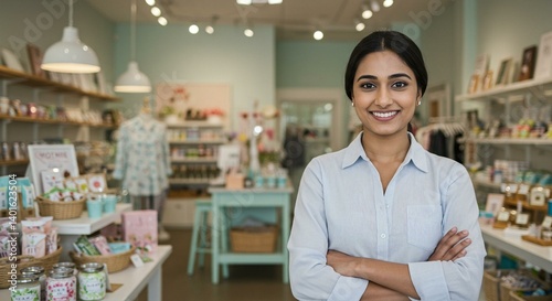 Confident shopkeeper smiles in her beautifully arranged general store.