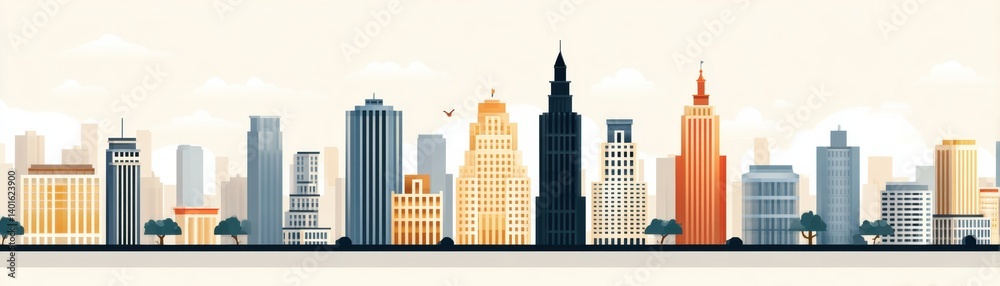 Obraz premium A colorful, stylized skyline featuring various buildings, showcasing modern architecture against a light background with trees and birds.