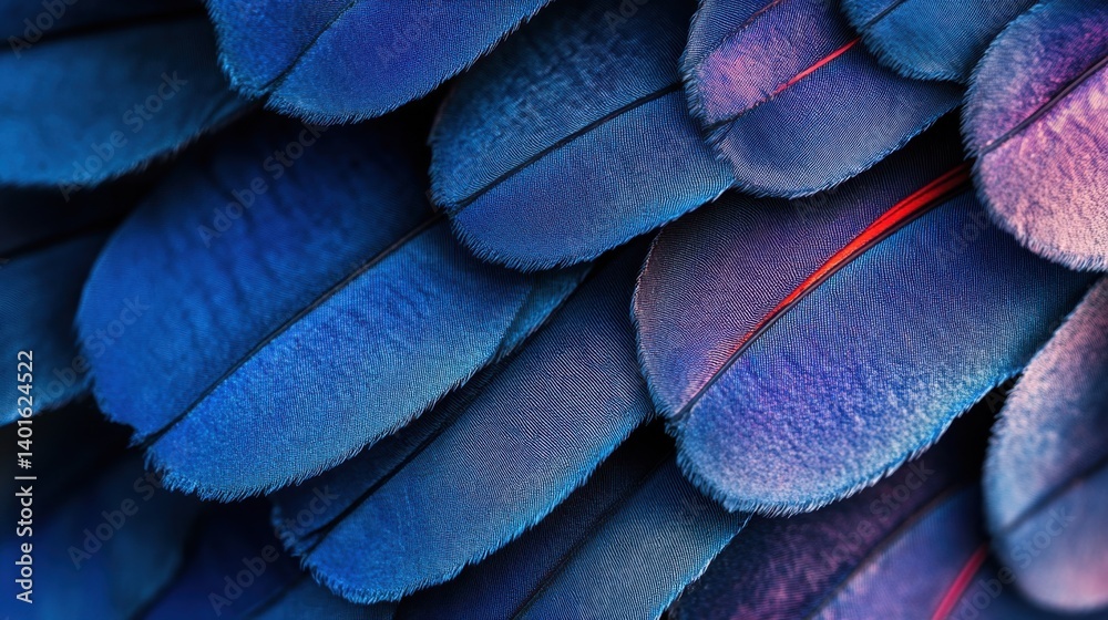 Obraz premium Intricate, overlapping blue and violet bird feathers create a textured, vibrant close-up. A striking display of natural detail