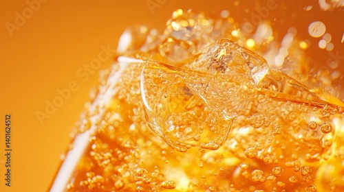 Refreshing Beverage With Ice in a Glass, Set Against a Vibrant Orange Background During a Sunny Day