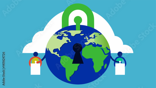 Locked Up Ideas A giant padlock hanging on a globe made of green and blue elements with activists outside trying to access it showcasing the suppression of innovative climate