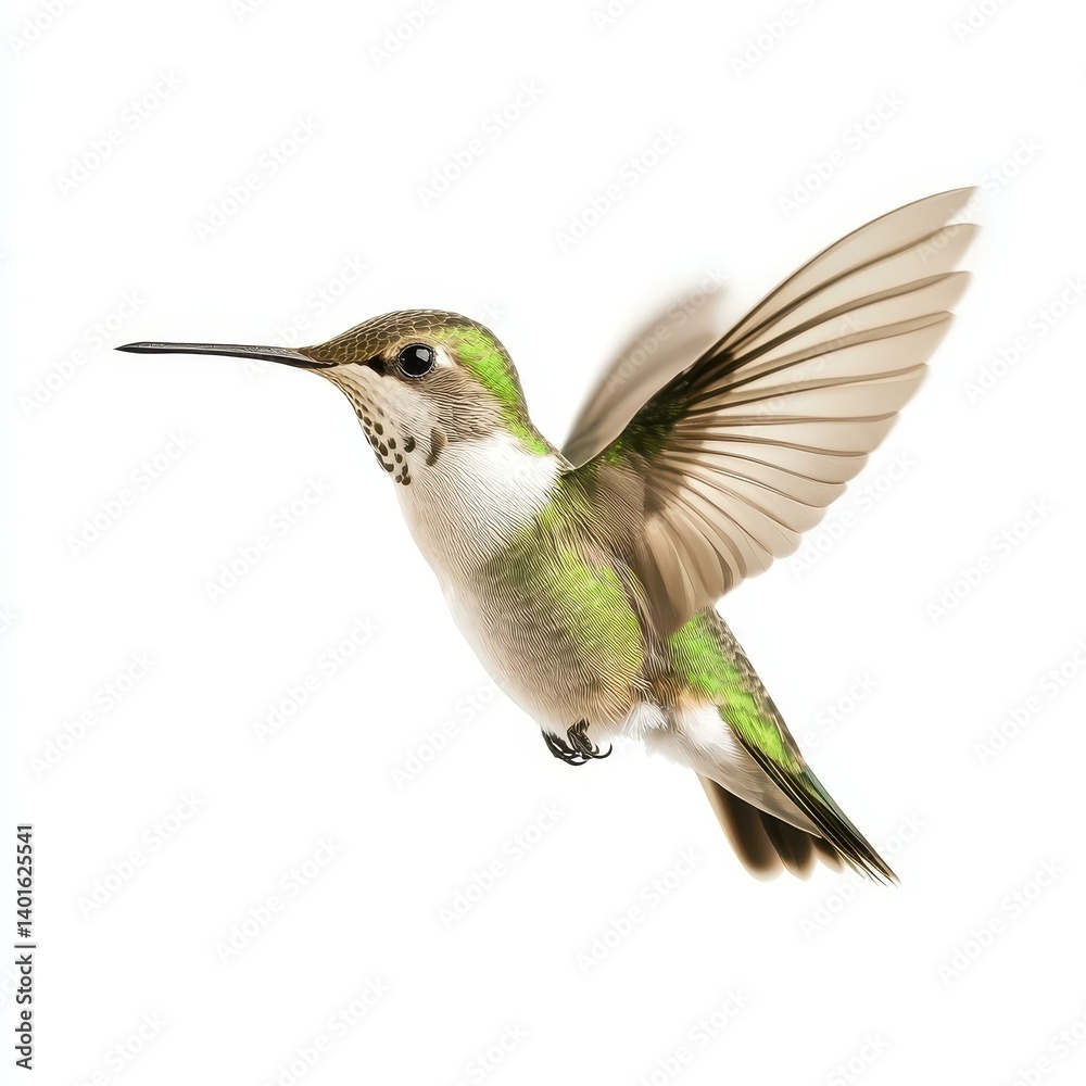 Fototapeta premium Experience the grace of a hummingbird in flight, its vibrant colors contrasting against a pure white backdrop. Natures beauty shines
