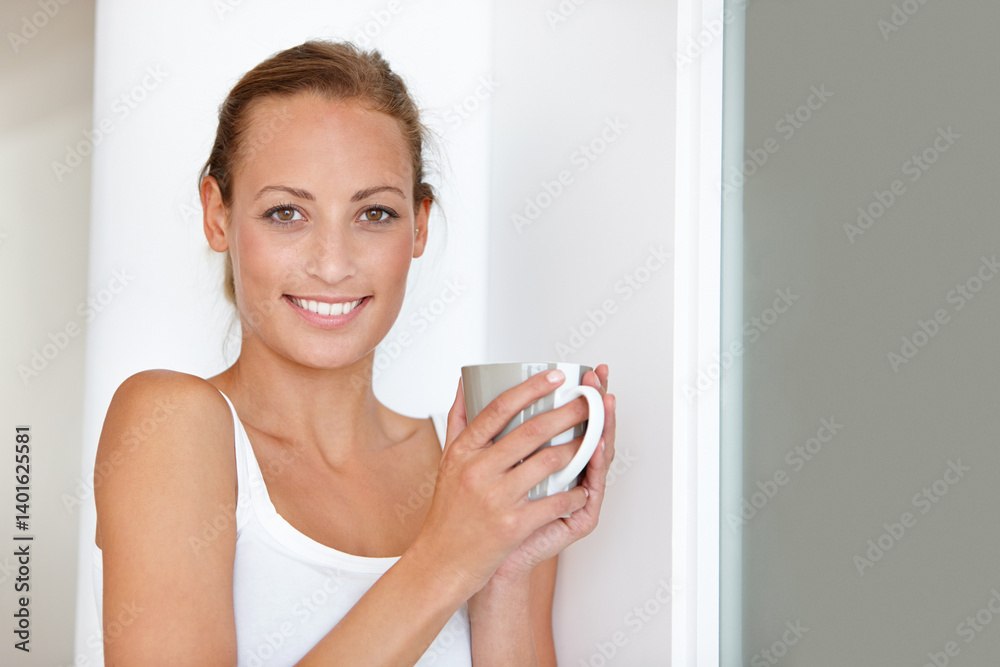 Coffee, smile and portrait of woman in a house with positive mindset, attitude or chilling at home. Happy, face and female person with tea in living room for morning, routine or moment of reflection Coffee, smile and portrait of woman in a house with positive mindset, attitude or chilling at home. Happy, face and female person with tea in living room for morning, routine or moment of reflection
