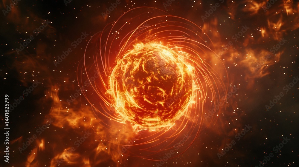 Obraz premium Digital abstract representation of iron atom glowing red hot with swirling magnetic fields around it