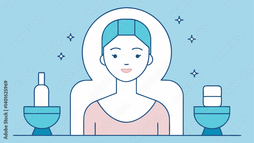 Facial Treatment Scene An outline of a woman relaxing in a spa chair with a serene expression surrounded by soft towels and gentle lighting.