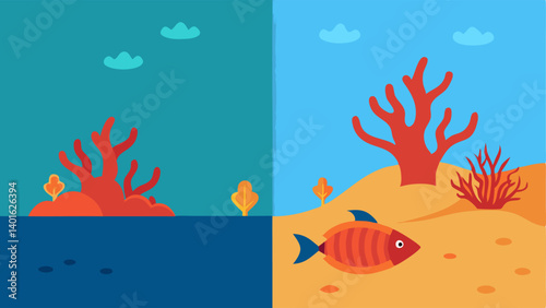 Hope for Restoration A beforeandafter scene where one side shows a damaged coral reef with dead coral while the other illustrates a restored reef with healthy coral and thriving