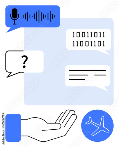 Microphone with soundwave, speech bubbles with binary and text, hand gesture, airplane icon. Ideal for technology, communication, coding, AI voice recognition travel innovation. Flat simple