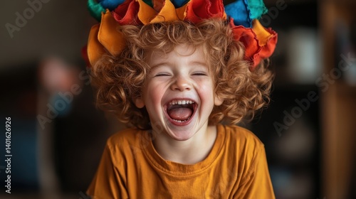 A delighted child with a colorful crown smiles brightly, radiating joy and innocence, beautifully showcasing the essence of childhood happiness and the joy of playtime.