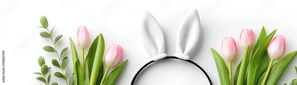A festive arrangement featuring pink tulips and a bunny ear headband, perfect for spring celebrations and Easter-themed decor. A festive arrangement featuring pink tulips and a bunny ear headband, perfect for spring celebrations and Easter-themed decor.