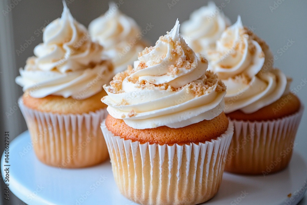 Four vanilla cupcakes with fluffy frosting and crunchy toppings are arranged on a white cake stand, showcasing their inviting texture and sweetness, perfect for any occasion Four vanilla cupcakes with fluffy frosting and crunchy toppings are arranged on a white cake stand, showcasing their inviting texture and sweetness, perfect for any occasion