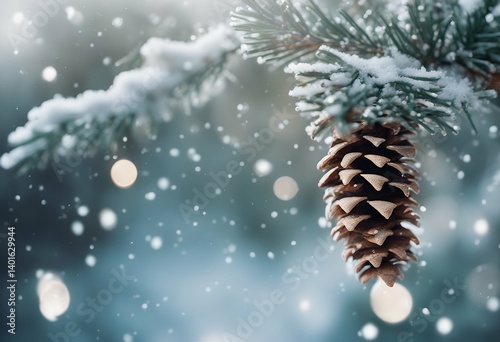 hanging christmas concept cones pine decoration branches evergreen from falling snow frosty ornament cone merry tree fir environment decor banner forest light closeup seasonal winter day plant