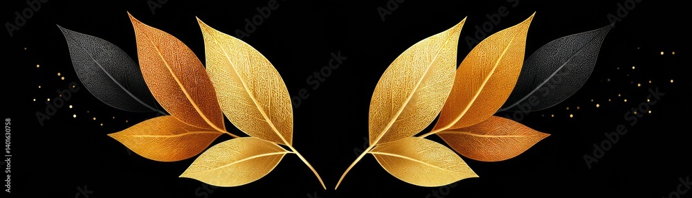 Obraz premium A decorative arrangement of golden and black leaves on a dark background, creating an elegant and modern aesthetic.