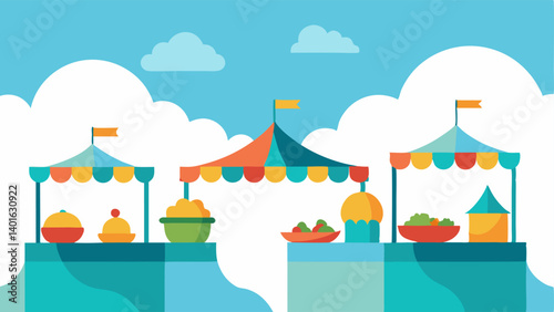 Marketplace in the Clouds An openair market spreads across a wide cloud platform with colorful stalls selling floating produce and artisanal goods. Shimmering canopies adorned with