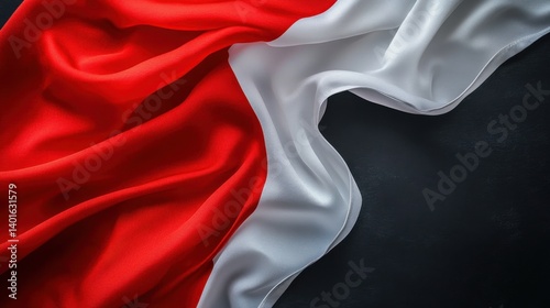 Dramatic, flowing depiction of the Peruvian flag with vibrant red and white stripes against a dark background. A sense of movement and texture is captured