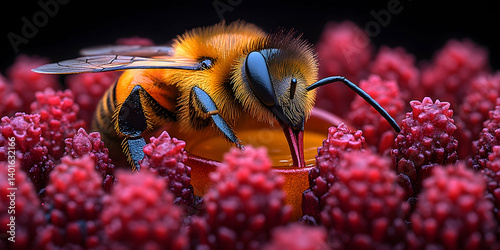 Striking macro shot of a bee drinking nectar surrounded by vibrant red flowers