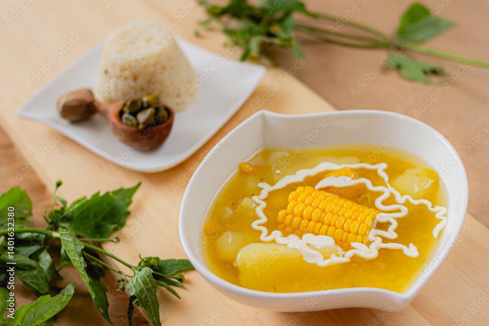 Traditional Colombian Ajiaco Soup with cream Traditional Colombian Ajiaco Soup with cream