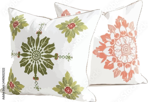 Patterned Throw Pillows, Decorative Cushion Set on White, Vector Illustration