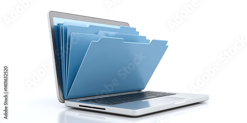 3D file folders coming out of a laptop screen. Creative concept Digital files in cloud storage or internal memory, efficient information retrieval. 