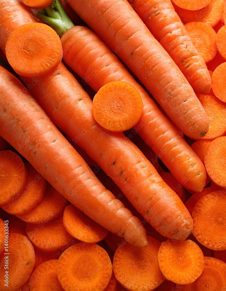 Fresh organic carrots with sliced rounds and whole roots Fresh organic carrots with sliced rounds and whole roots
