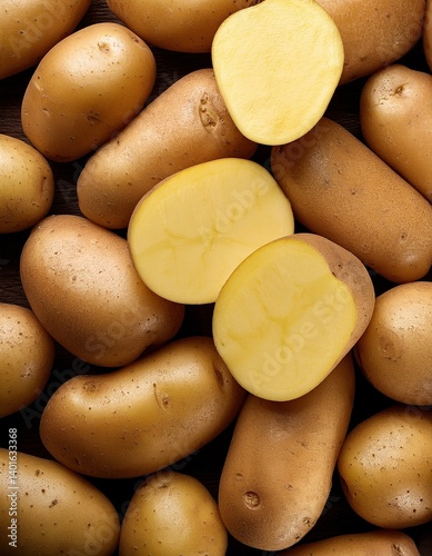 Raw potatoes with halves on rustic wooden surface