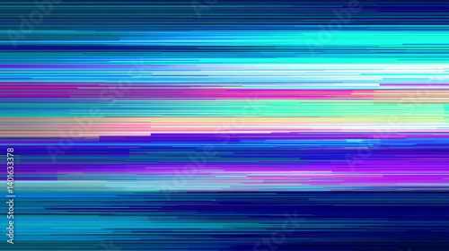 Glitchy scanline background with horizontal digital noise, pixel distortions, and vibrant color breaks over a dark blue gradient, Digital corruption aesthetics