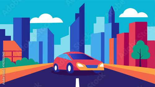 City Street Scene A selfdriving car with sleek lines dashes down a vibrant city avenue surrounded by colorful buildings and trees.