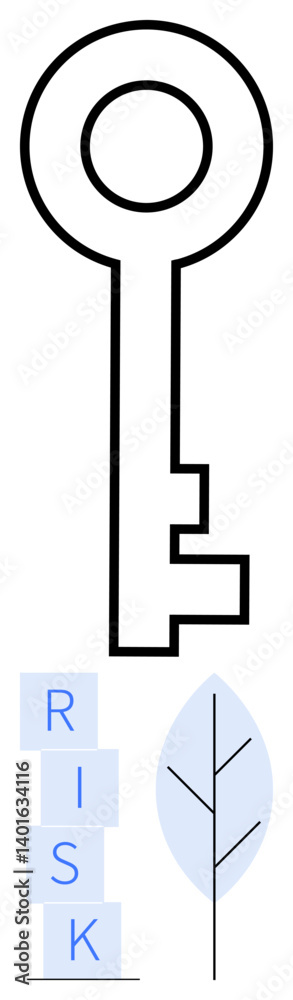 Large key outline above stacked blocks spelling RISK and a delicate leaf icon. Ideal for concepts thumbs up security, growth, risk analysis, decision-making, sustainability, nature, abstract line Large key outline above stacked blocks spelling RISK and a delicate leaf icon. Ideal for concepts thumbs up security, growth, risk analysis, decision-making, sustainability, nature, abstract line