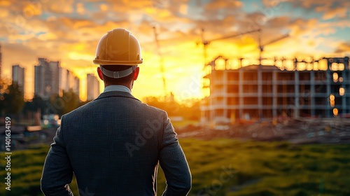 Businessman Overlooking Construction Site at Sunset with Vibrant Colors