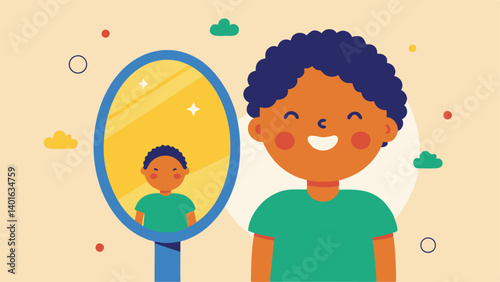 Affirmation Mirror A cheerful adult looking into a mirror with positive affirmations written on it reflecting selflove and acceptance while a small child smiles in the background.
