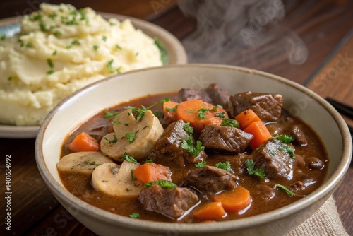  Beef and mushroom stew with mashed potatoes